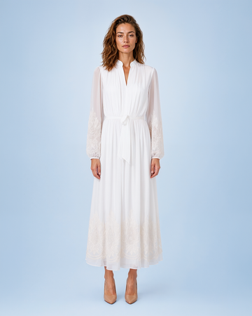 Mikael Aghal Embroidered Long-Sleeve Chiffon Midi Dress