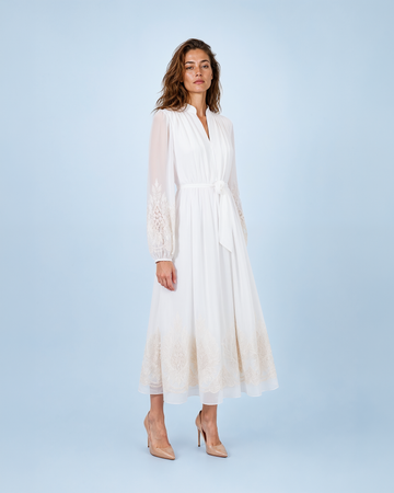 Mikael Aghal Embroidered Long-Sleeve Chiffon Midi Dress