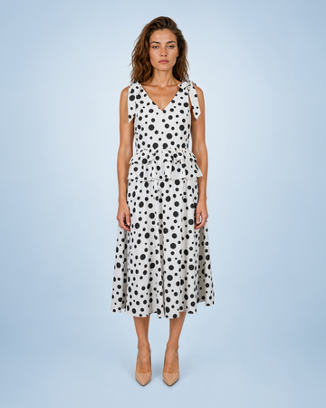 Mikael Aghal Polka Dot Tie-Shoulder Peplum Midi Dress