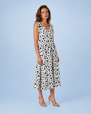 Mikael Aghal Polka Dot Tie-Shoulder Peplum Midi Dress