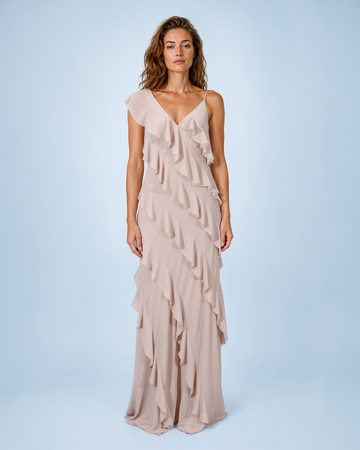 Mikael Aghal Blush Pink Cascading Ruffle Asymmetric Maxi Gown