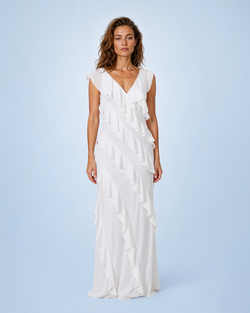Mikael Aghal White Cascading Ruffle V-Neck Maxi Gown