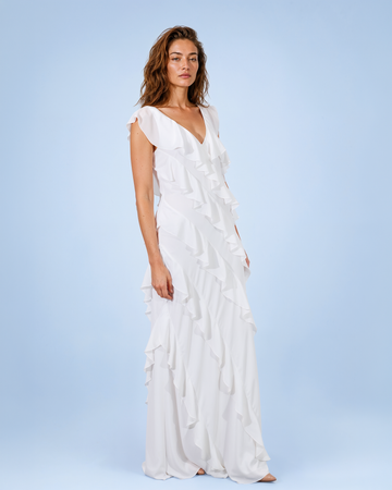 Mikael Aghal White Cascading Ruffle V-Neck Maxi Gown