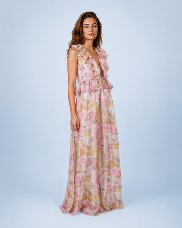 Mikael Aghal Pink & Gold Floral Chiffon Peplum Maxi Gown