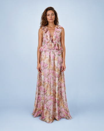 Mikael Aghal Pink & Gold Floral Chiffon Peplum Maxi Gown