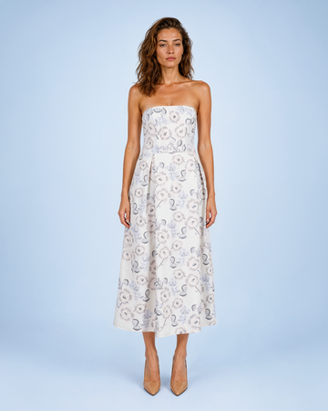 Mikael Aghal Strapless Floral Print Pleated Midi Dress