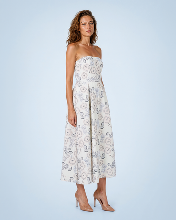 Mikael Aghal Strapless Floral Print Pleated Midi Dress
