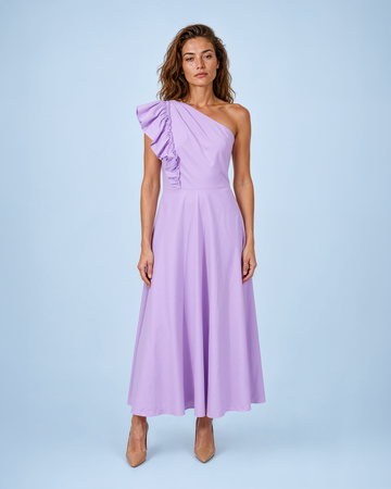 Mikael Aghal Lilac One-Shoulder Ruffle Midi Dress