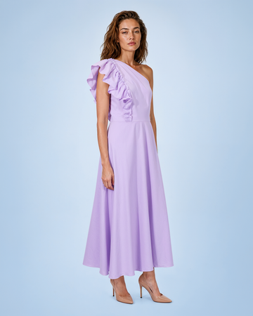 Mikael Aghal Lilac One-Shoulder Ruffle Midi Dress
