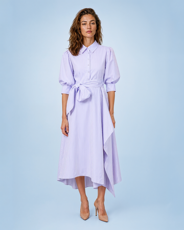 Mikael Aghal Lilac Striped Asymmetric Tie-Waist Shirt Dress