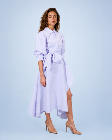 Mikael Aghal Lilac Striped Asymmetric Tie-Waist Shirt Dress